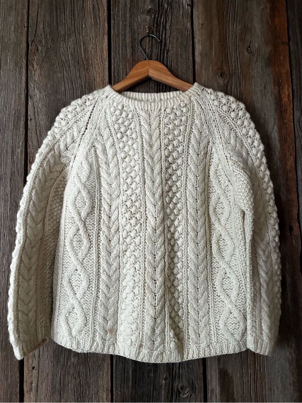 Vintage Wool Thick Cream Chunky Classic Cable Knit Fisherman Women's Sweater, S
